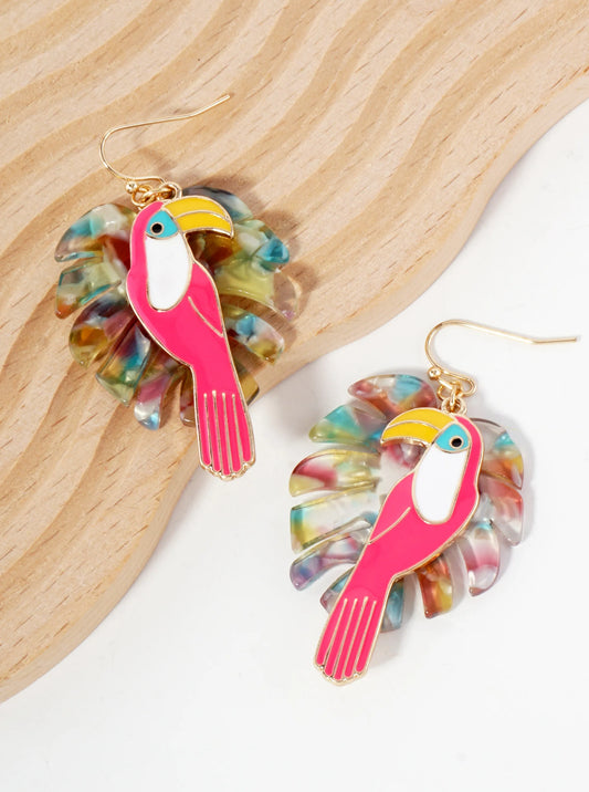 Monstera-Leaf Enamel Toucan Tropical Bird Statement Earrings