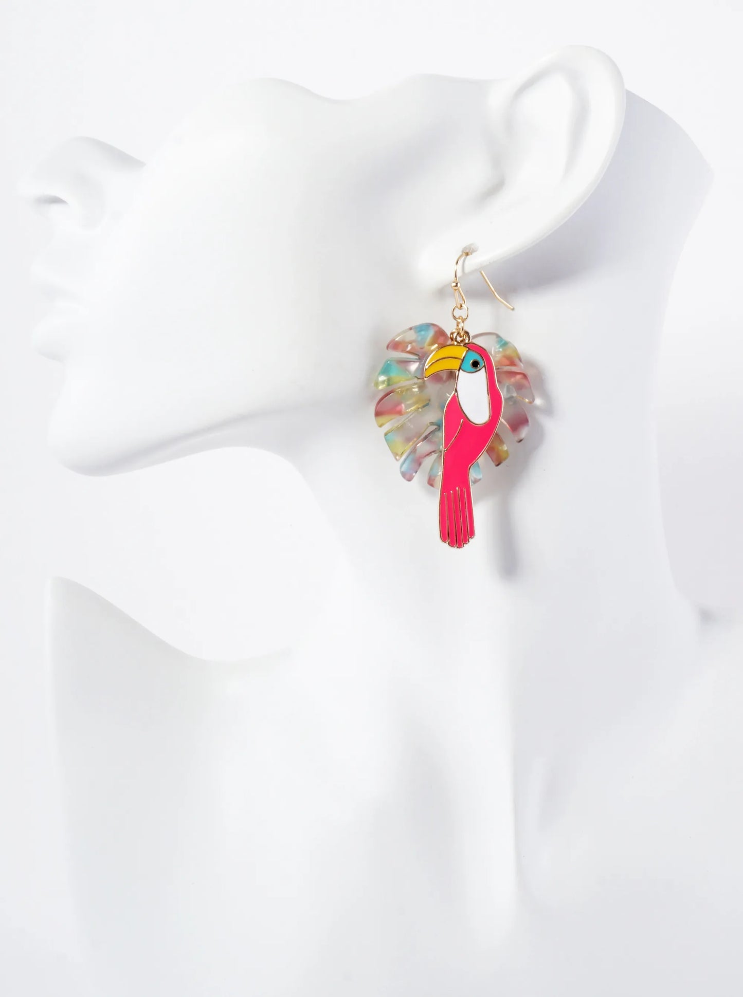 Monstera-Leaf Enamel Toucan Tropical Bird Statement Earrings