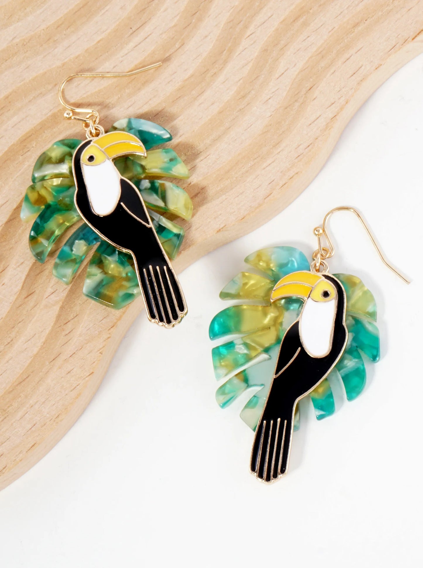 Monstera-Leaf Enamel Toucan Tropical Bird Statement Earrings