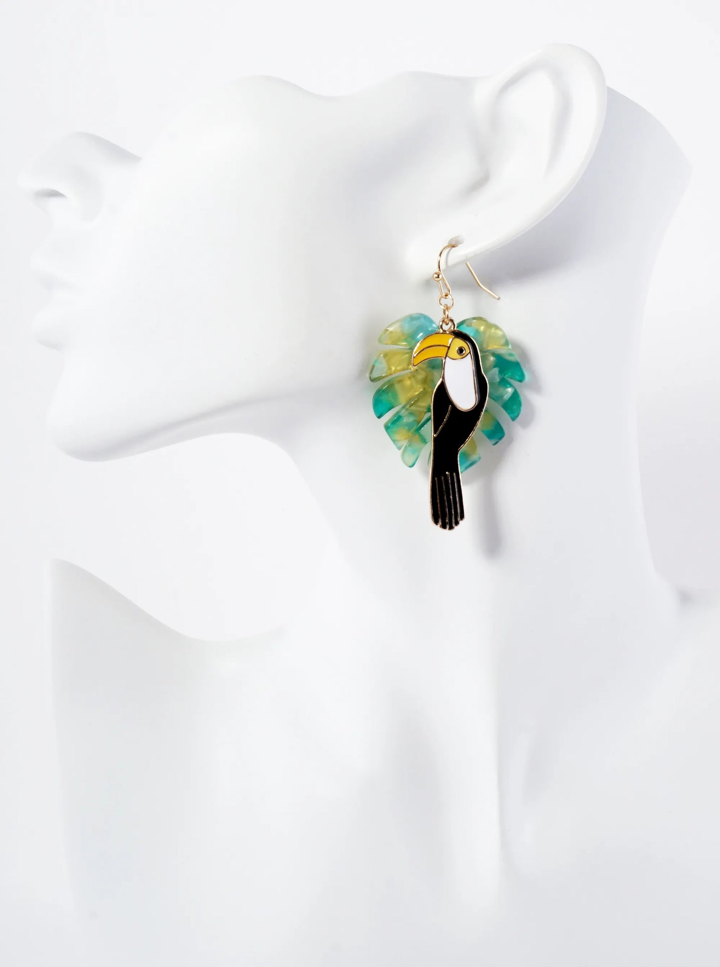 Monstera-Leaf Enamel Toucan Tropical Bird Statement Earrings