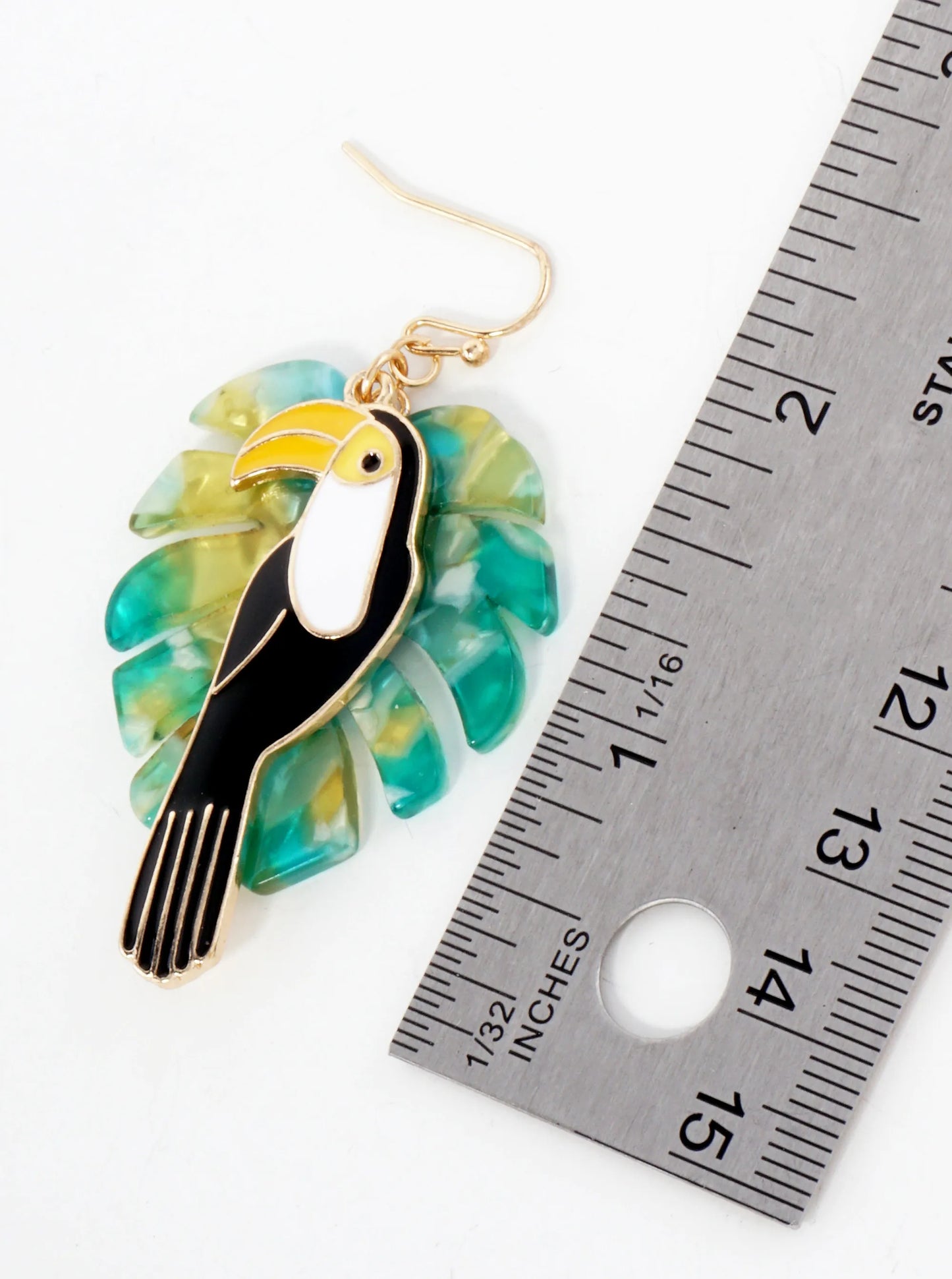 Monstera-Leaf Enamel Toucan Tropical Bird Statement Earrings