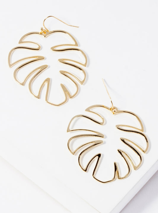 Monstera Leaf Polished Metal Dangle Drop Earrings