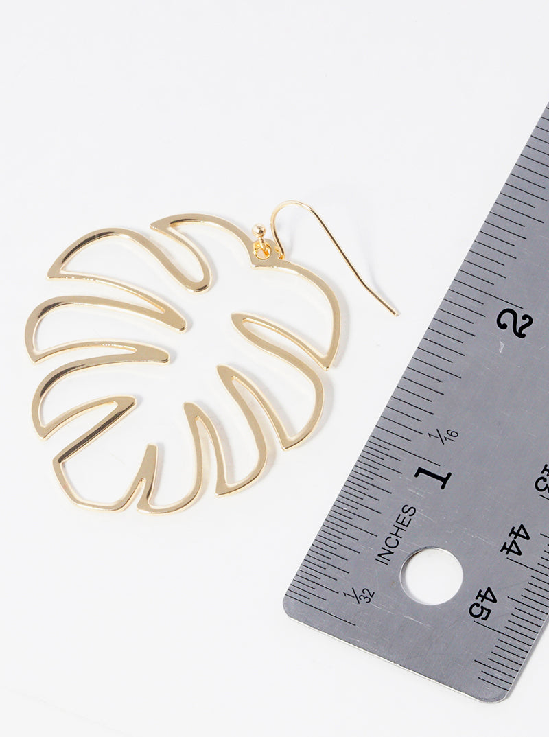 Monstera Leaf Polished Metal Dangle Drop Earrings