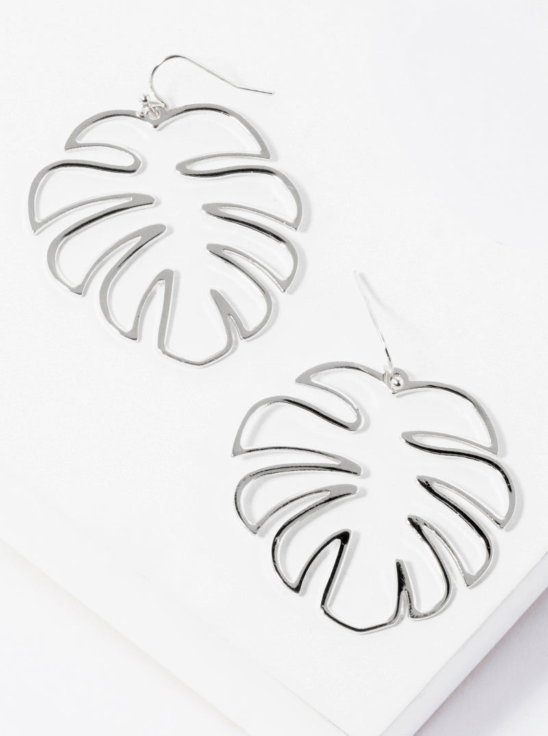 Monstera Leaf Polished Metal Dangle Drop Earrings