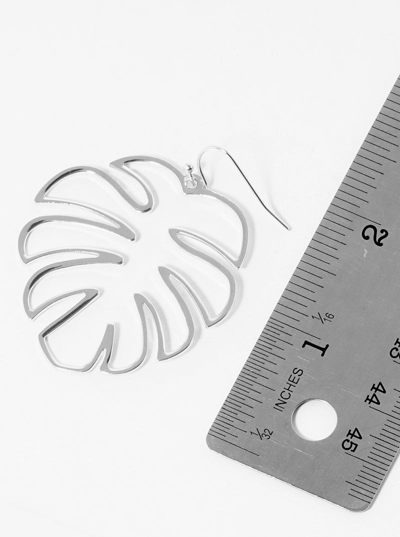 Monstera Leaf Polished Metal Dangle Drop Earrings