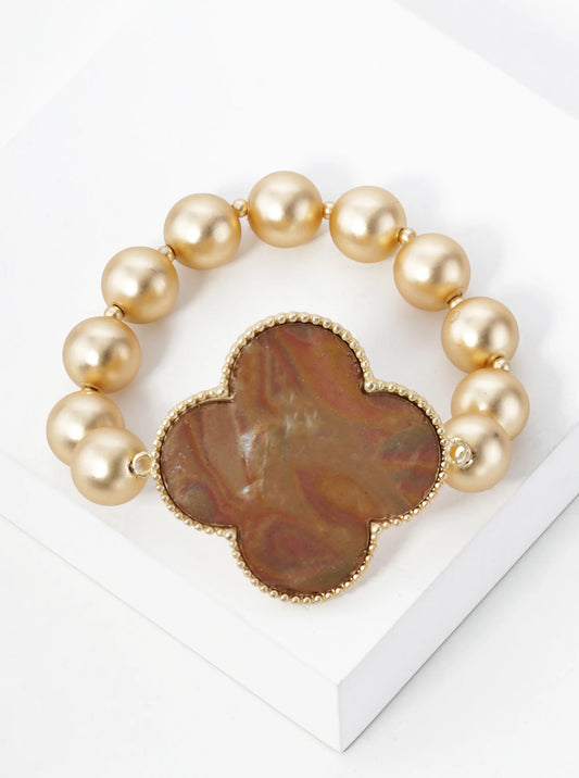 Mother Of Pearl Quatrefoil Metallic Ball Bead Stretch Bracelet