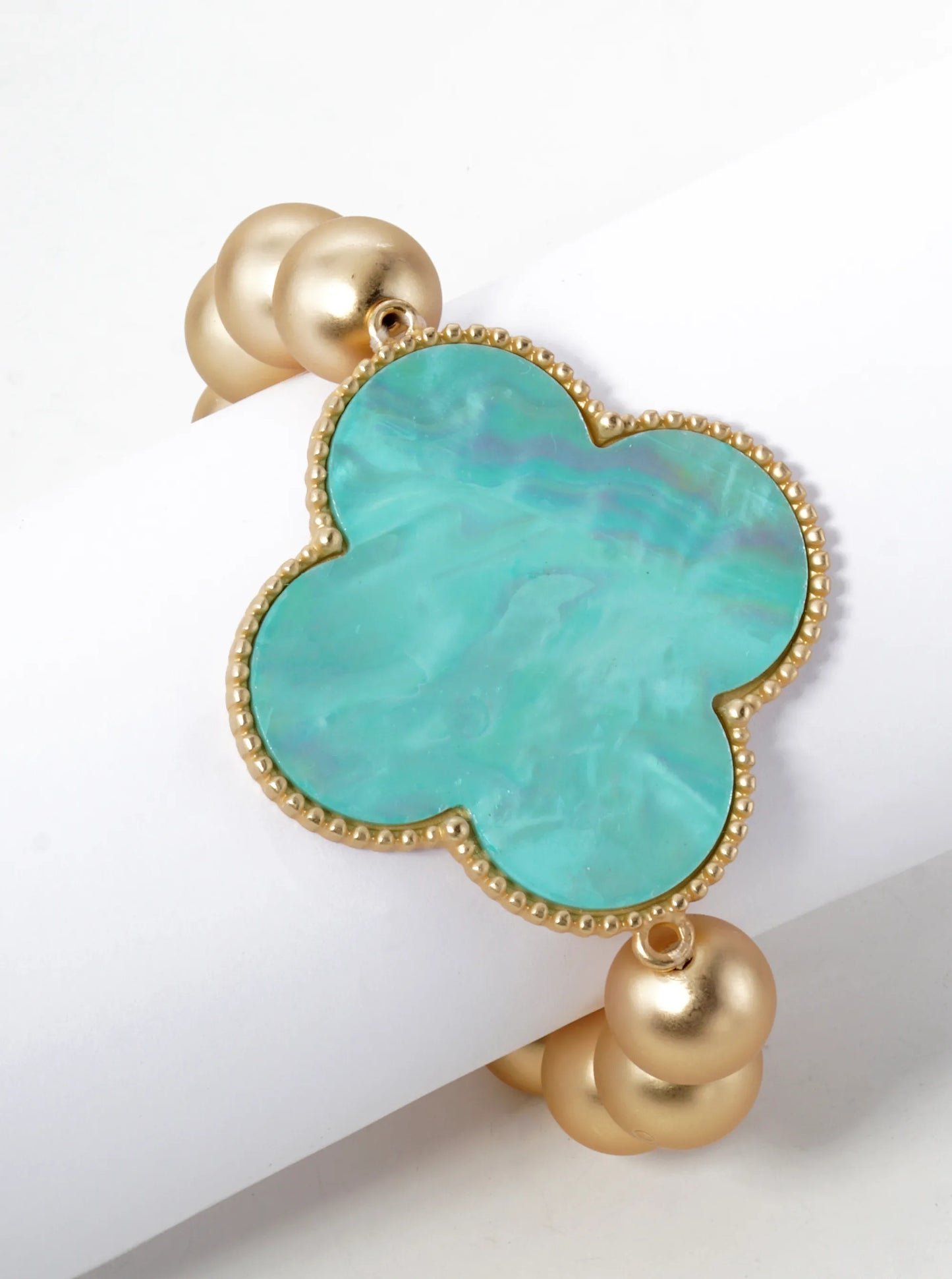 Mother Of Pearl Quatrefoil Metallic Ball Bead Stretch Bracelet