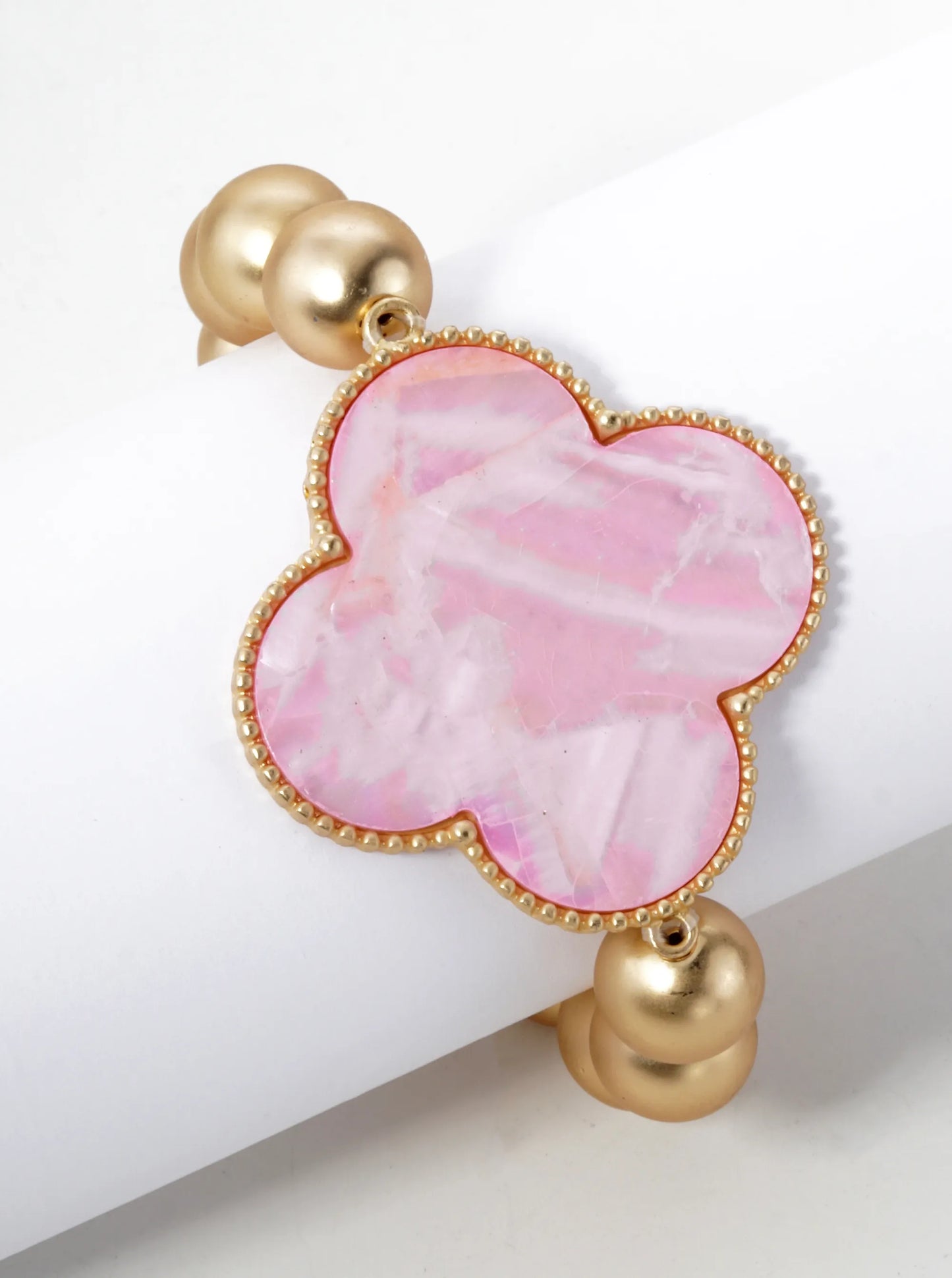 Mother Of Pearl Quatrefoil Metallic Ball Bead Stretch Bracelet