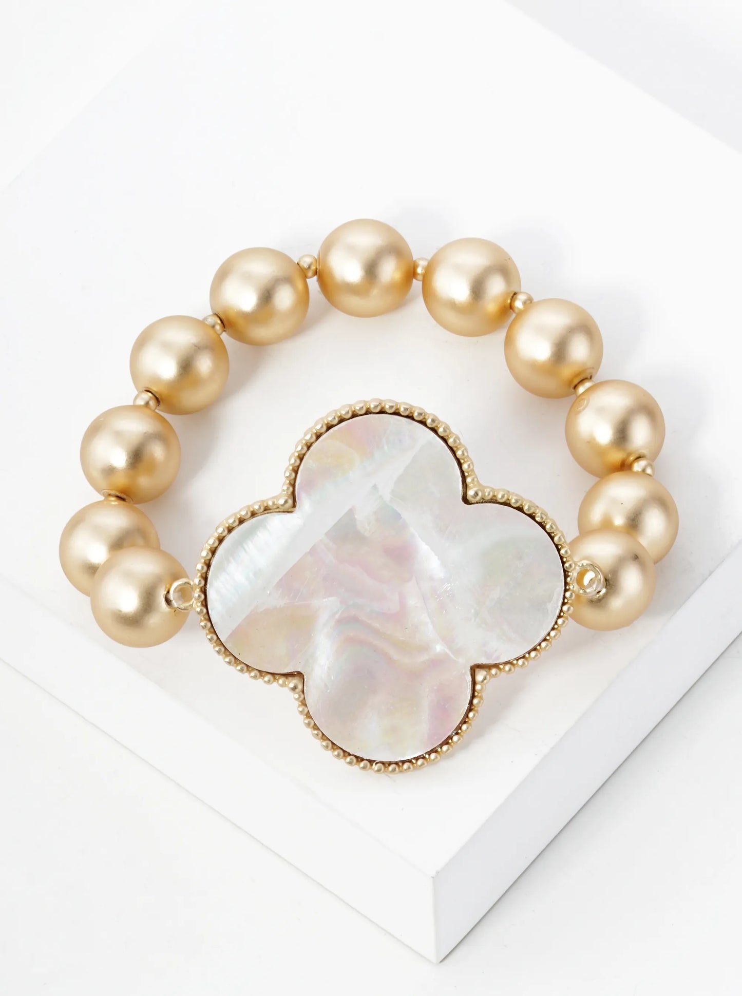 Mother Of Pearl Quatrefoil Metallic Ball Bead Stretch Bracelet