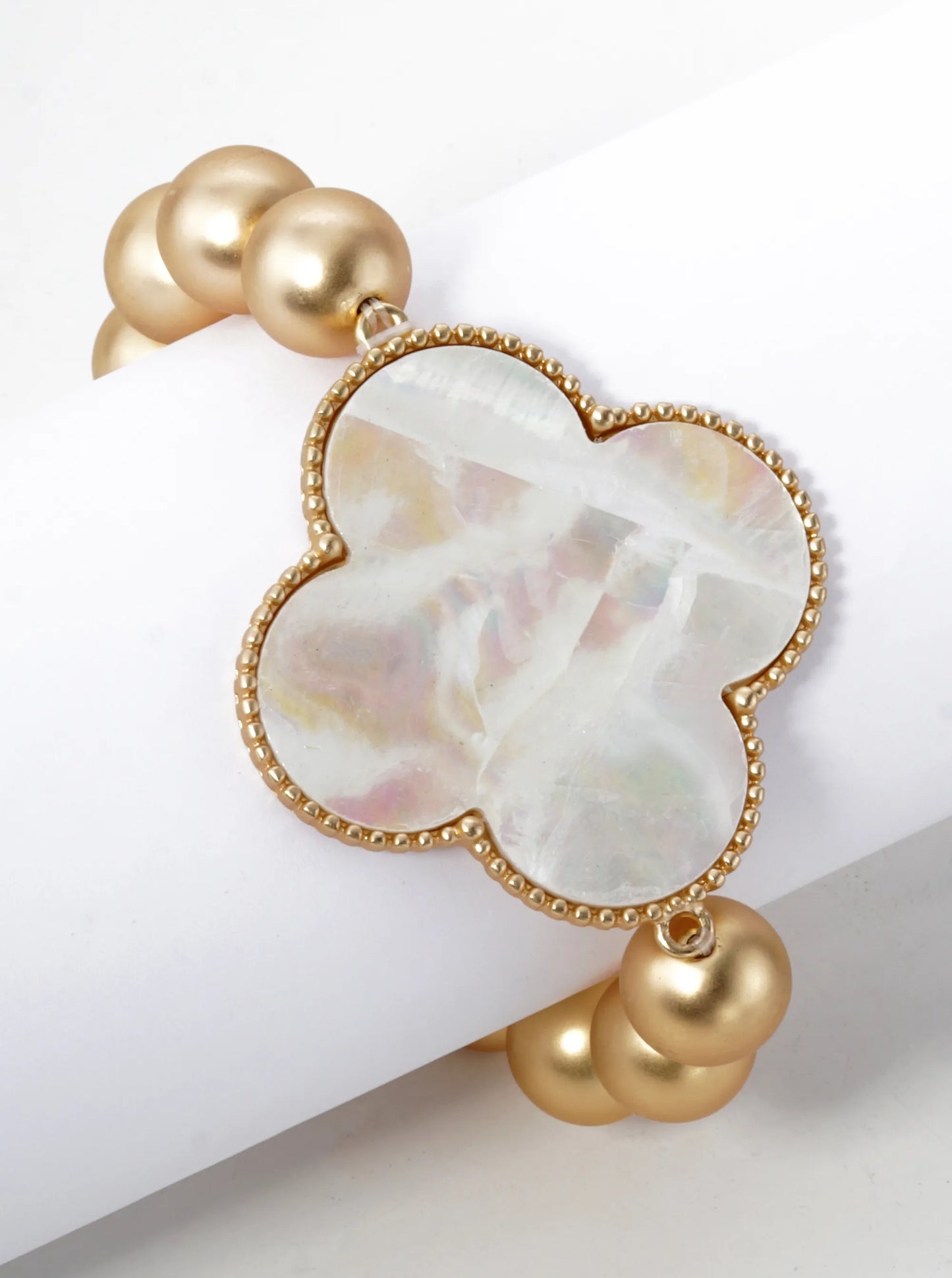 Mother Of Pearl Quatrefoil Metallic Ball Bead Stretch Bracelet