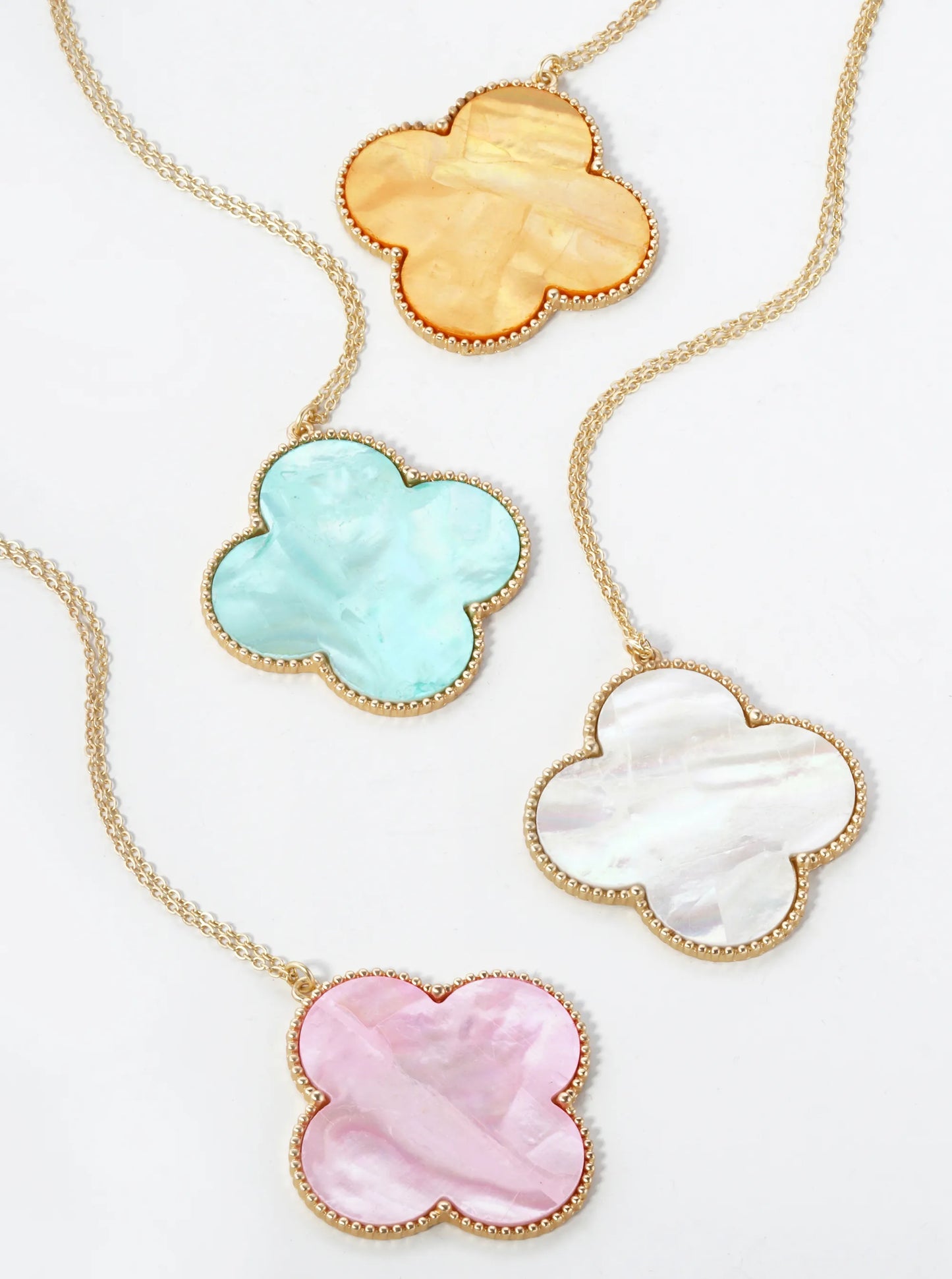 Mother Of Pearl Quatrefoil Pendant 31 Inch Long Necklace