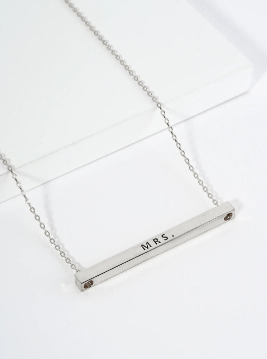 Mrs Engraved 18K Gold Dipped Horizontal Brass Bar Pendant Inspirational Necklace