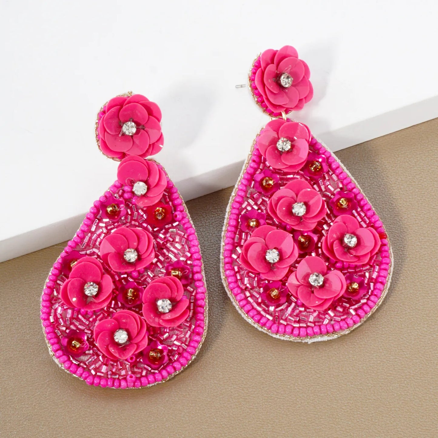 Multi-Beaded Sequin Flower Embellished Teardrop Statement Earrings