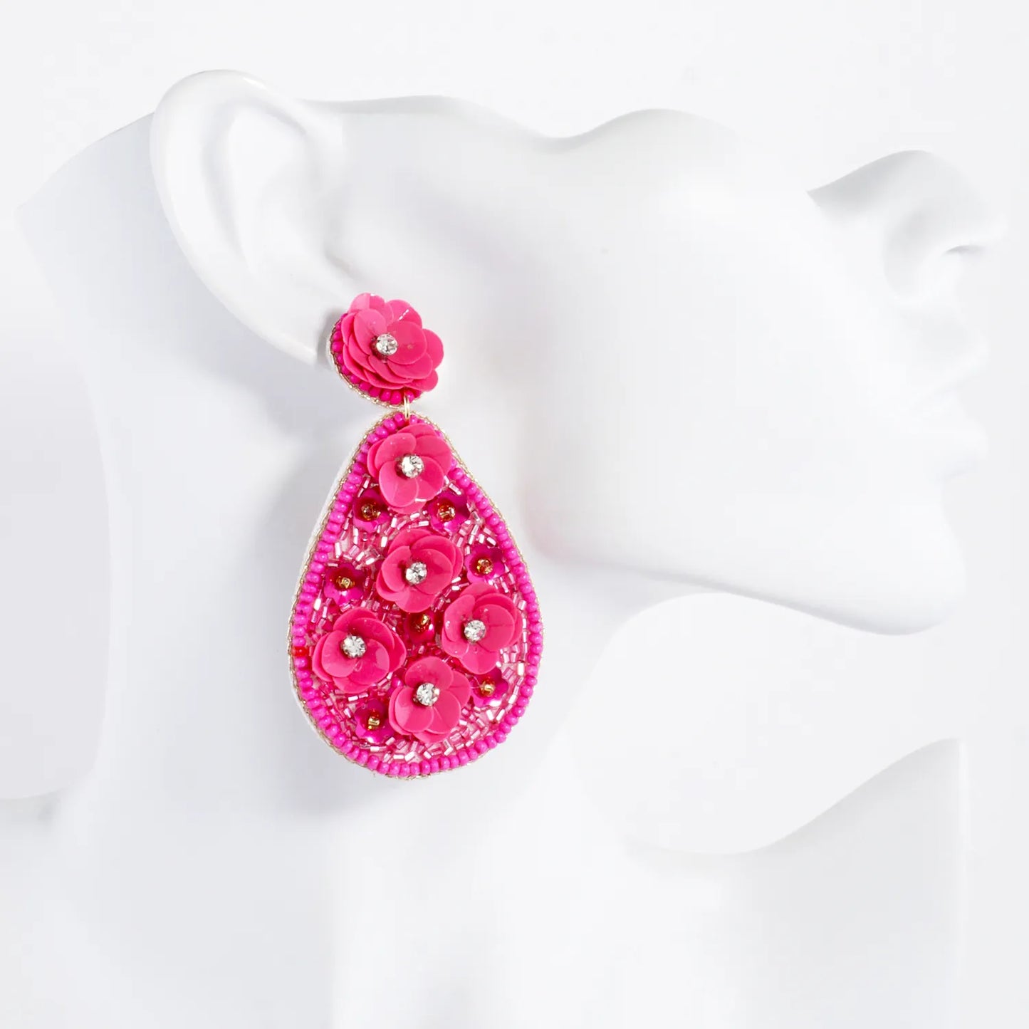 Multi-Beaded Sequin Flower Embellished Teardrop Statement Earrings