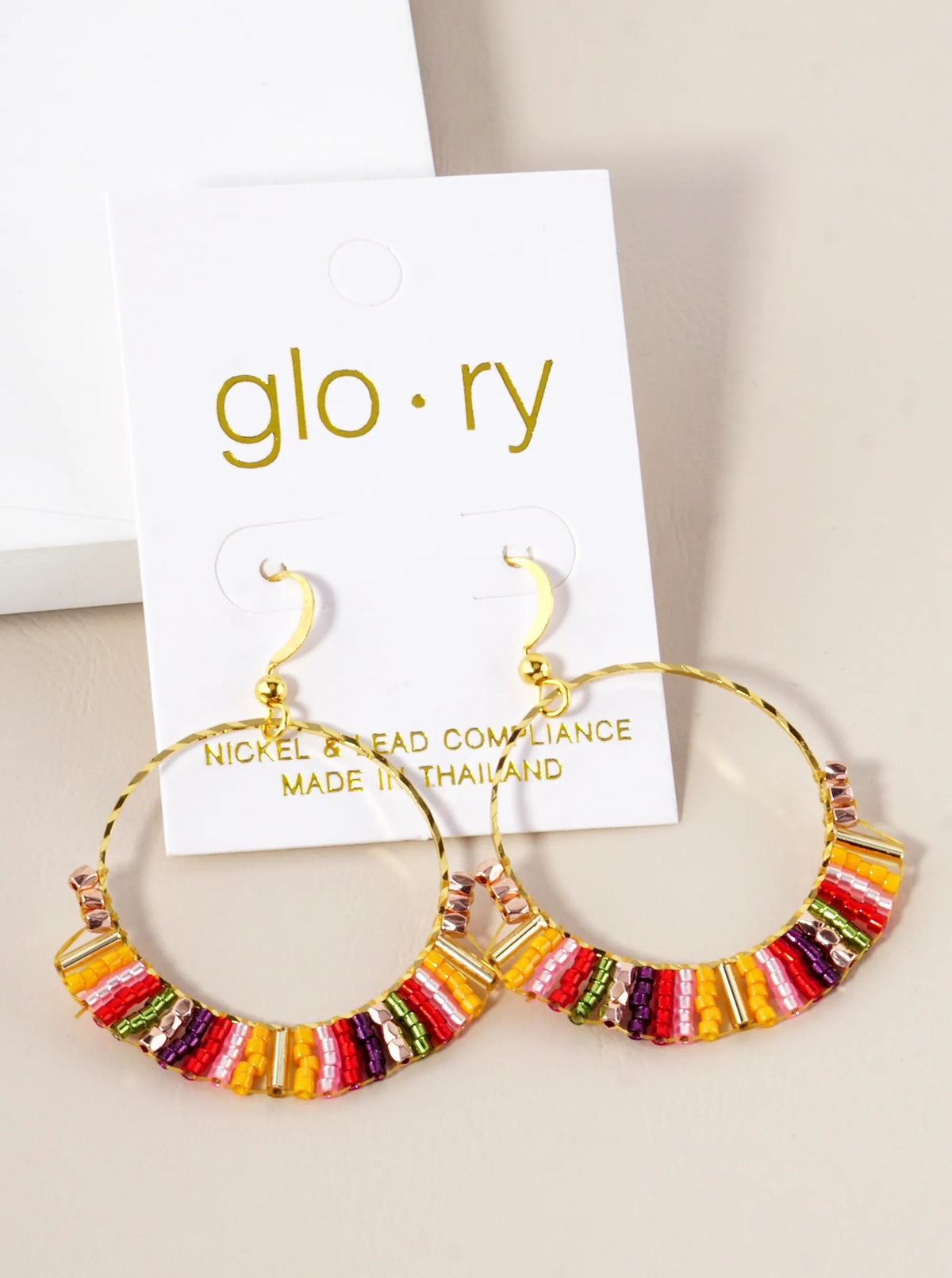 Multi Beaded Textured Brass Circle Handmade Dangle Drop Earrings - Yellow-Pink-Red Mix