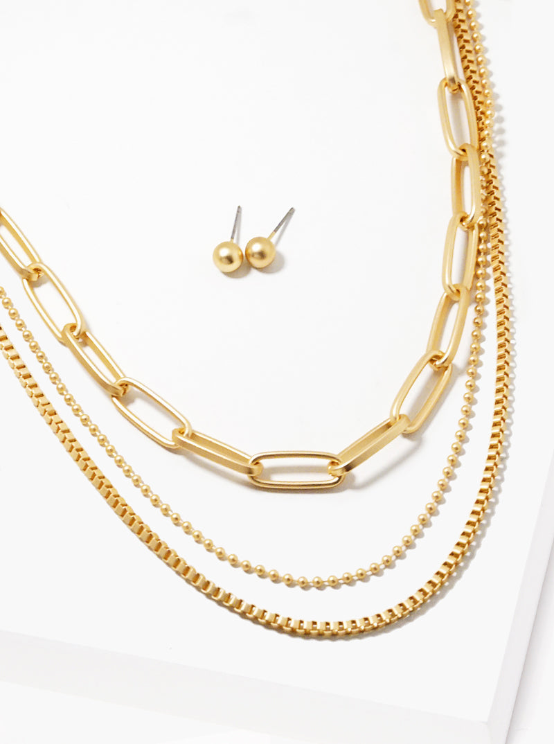 Multi Chain Layered Necklace Set With Earrings