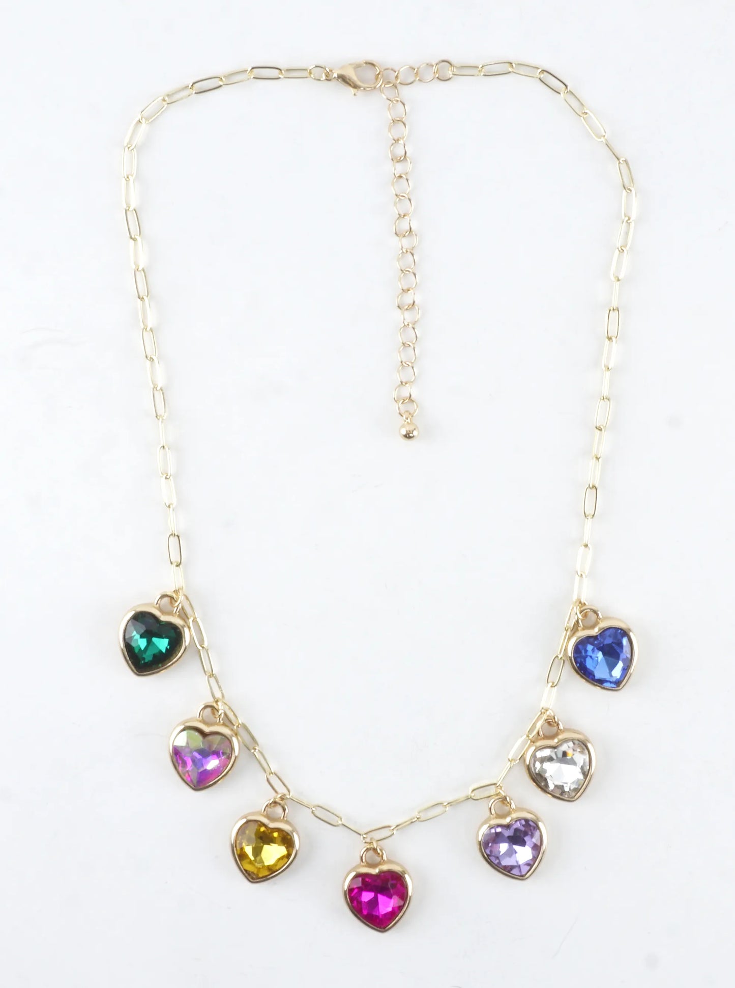 Multi Color Crystal Heart Charm Paperclip Necklace