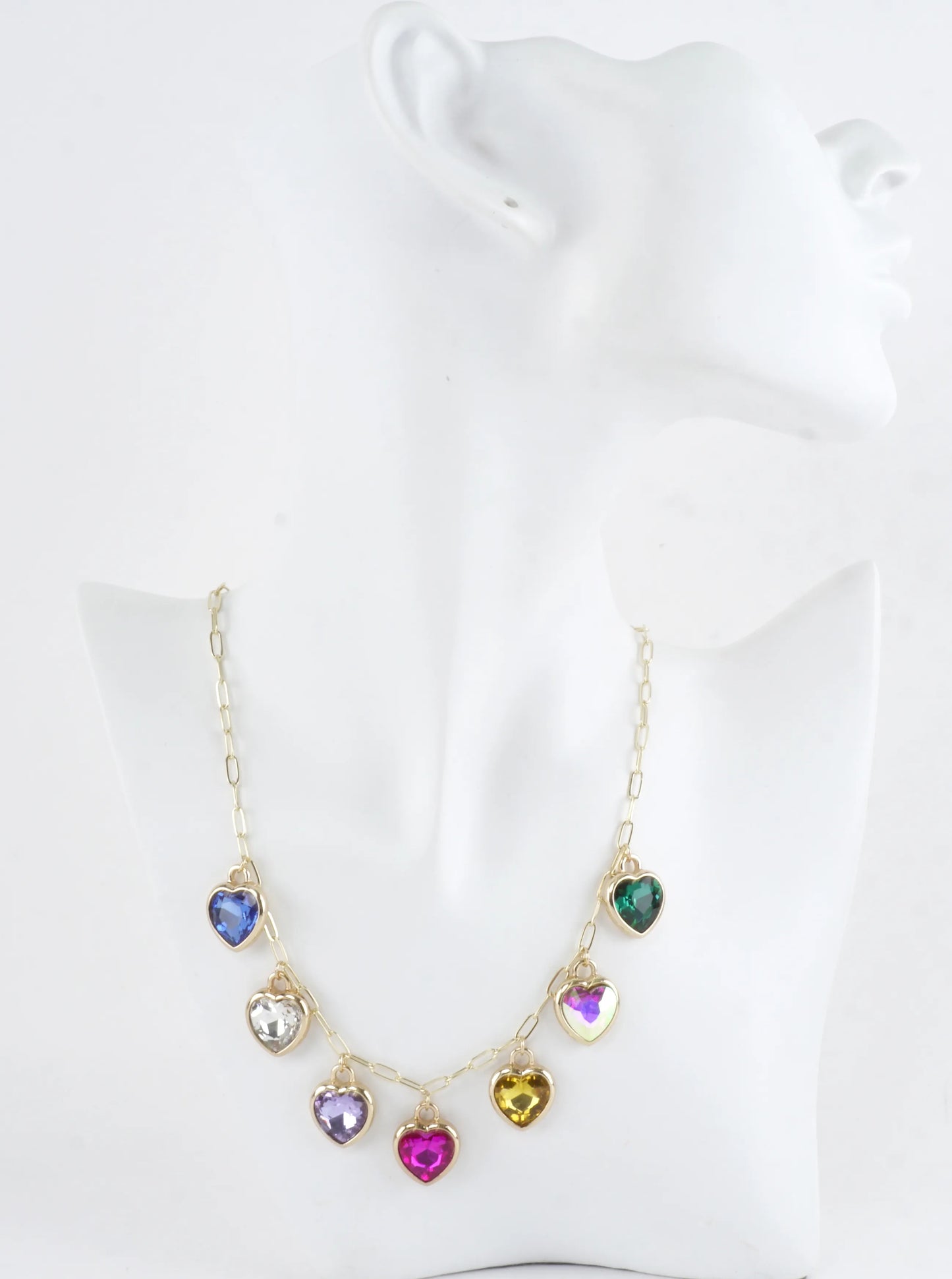 Multi Color Crystal Heart Charm Paperclip Necklace