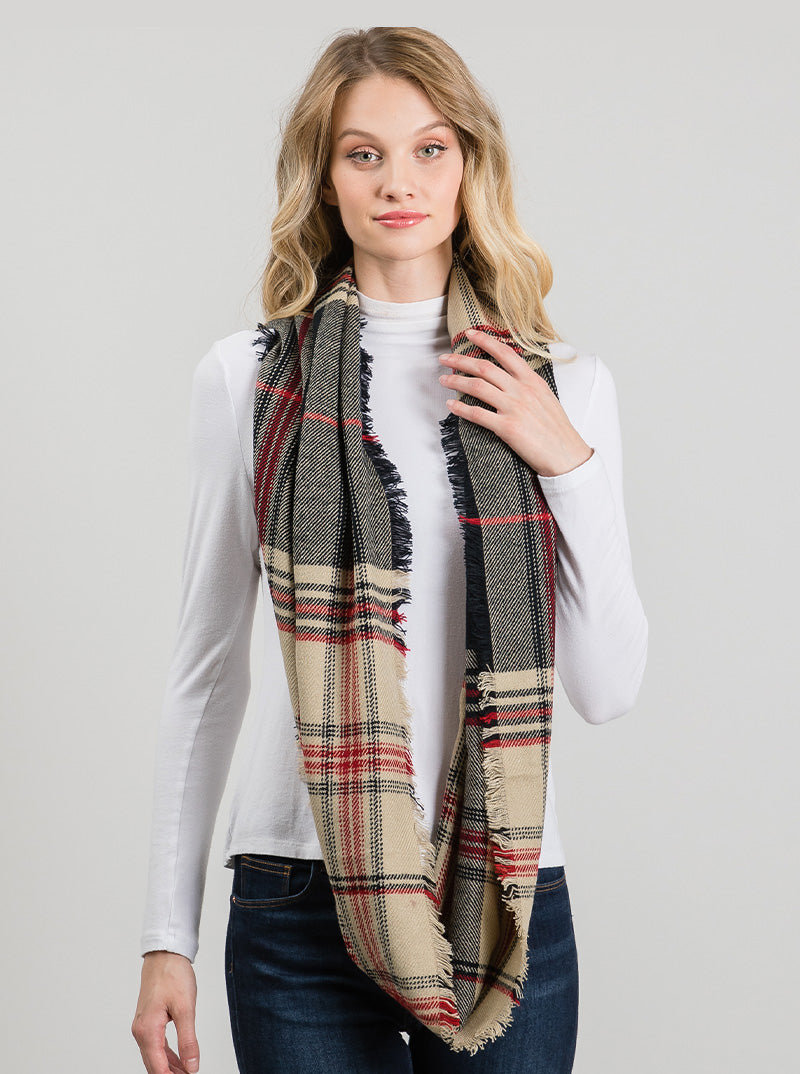 Multi Color Plaid Double Loop Infinity Scarf With Fringe