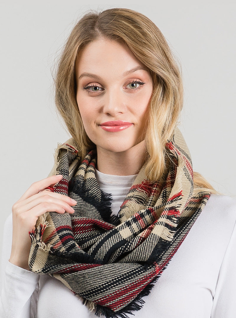Multi Color Plaid Double Loop Infinity Scarf With Fringe