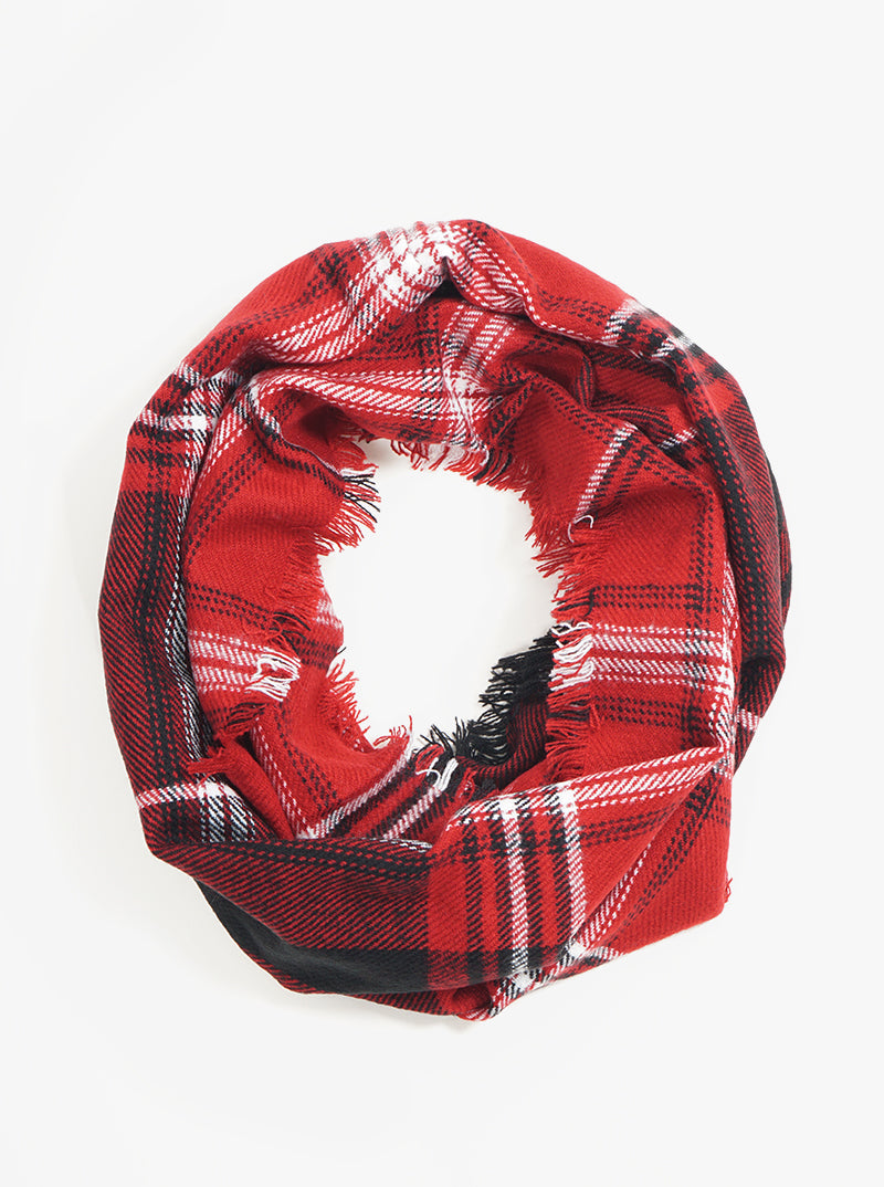 Multi Color Plaid Double Loop Infinity Scarf With Fringe