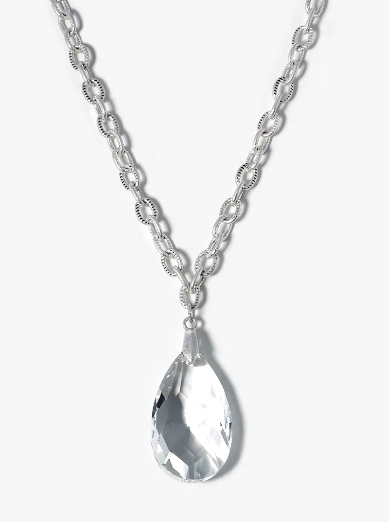 Multi Faceted Crystal Teardrop Pendant 18 Inch Necklace