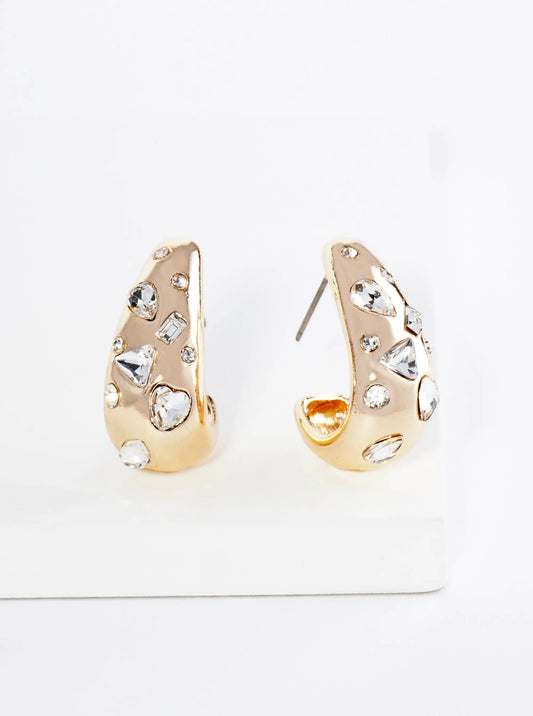 Multi Shape Crystal Stone Embedded 25mm Teardrop Hoop Earrings
