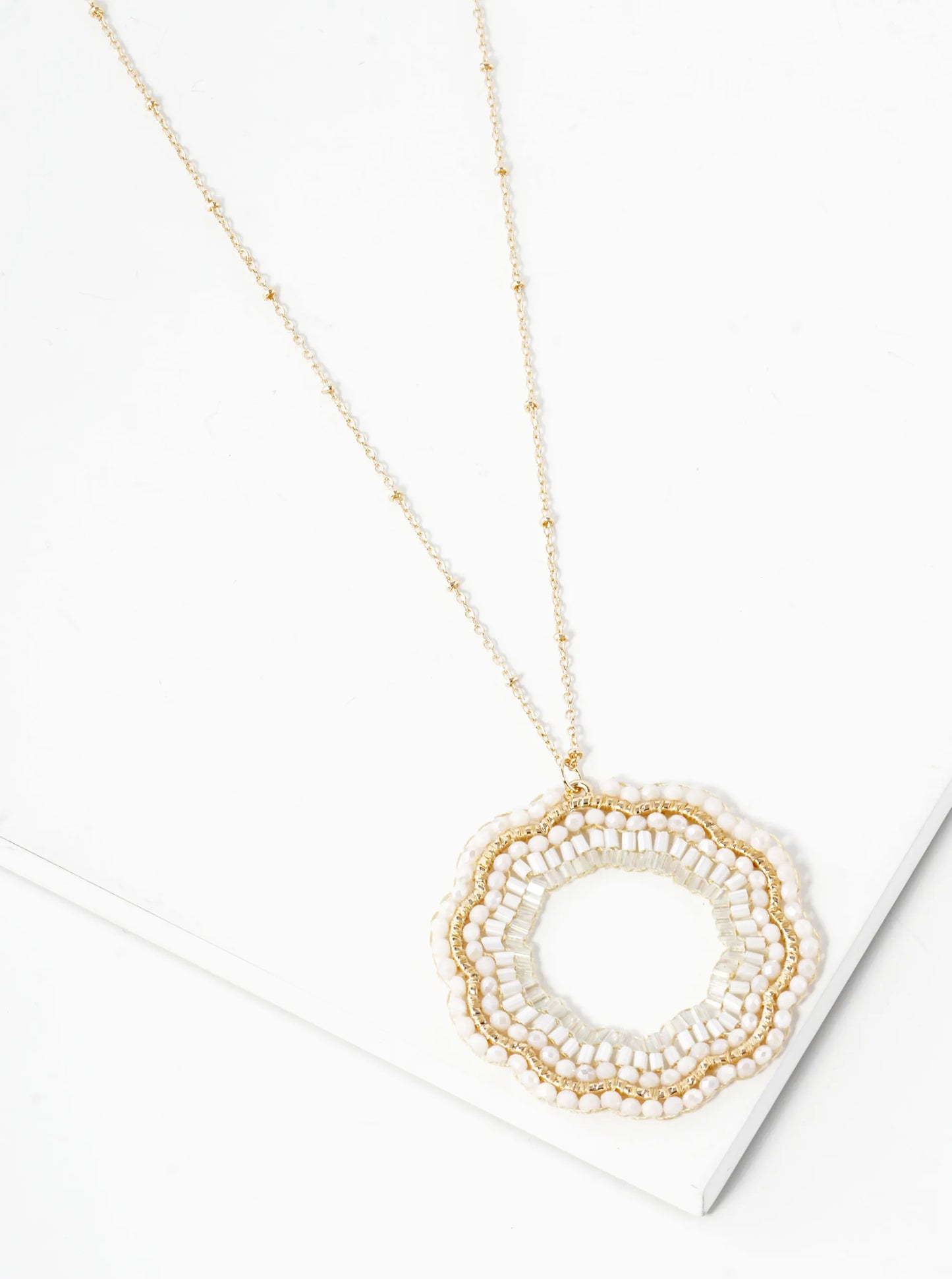 Multi Shaped Glass Beaded Flower Pendant 32 Inch Long Necklace