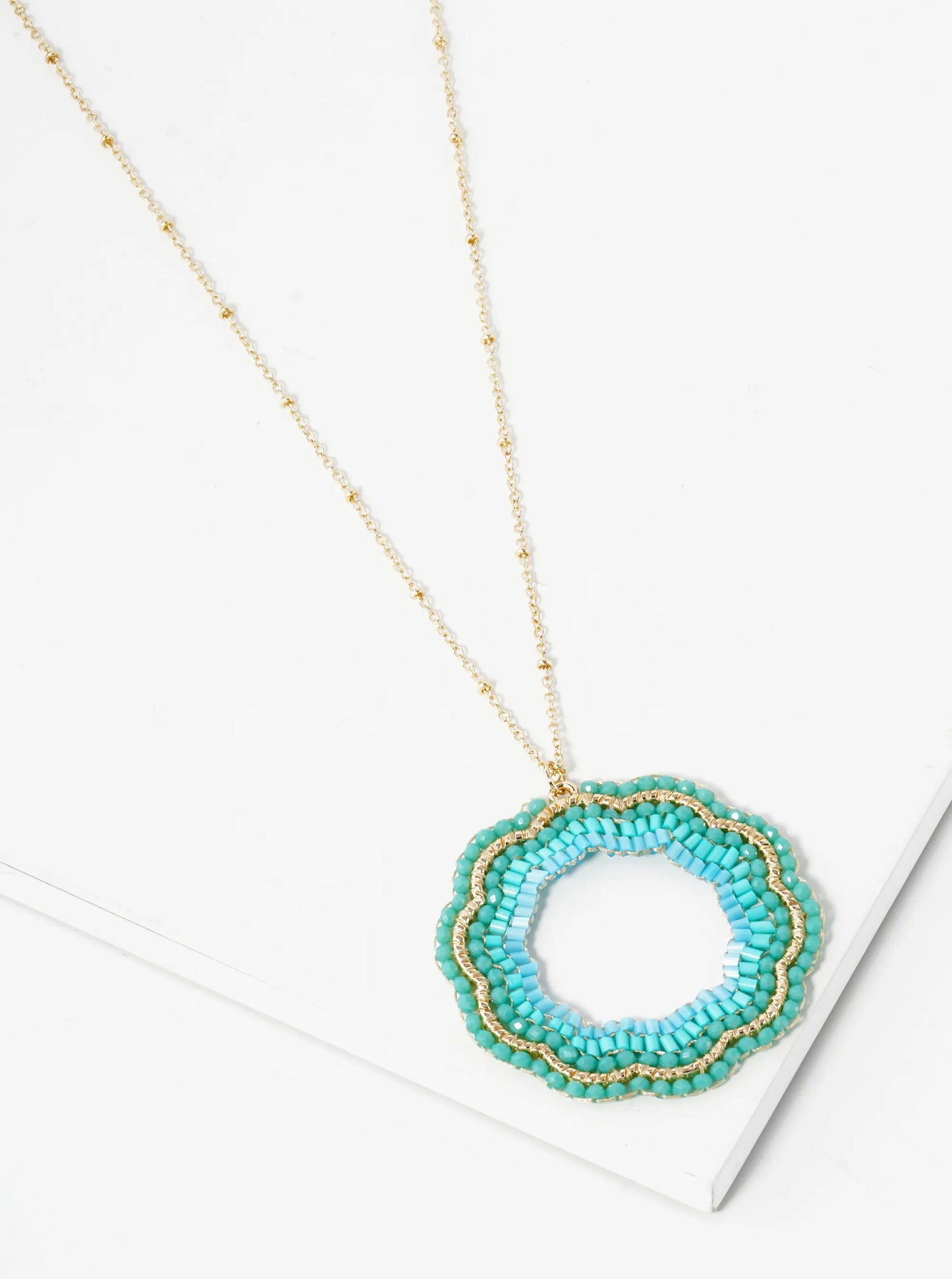 Multi Shaped Glass Beaded Flower Pendant 32 Inch Long Necklace