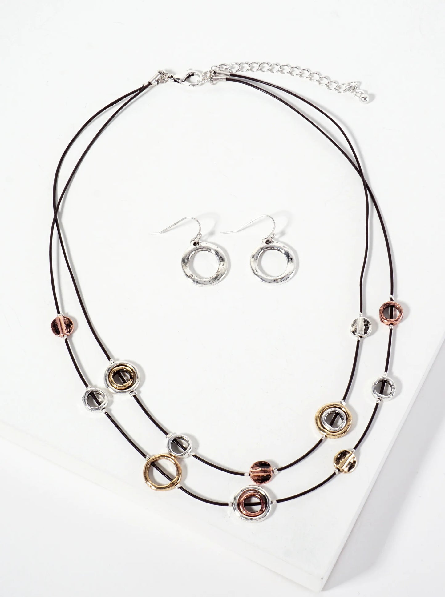 Multi-Tone Circle Hanging Artistic Layered Necklace Set-with-Earrings