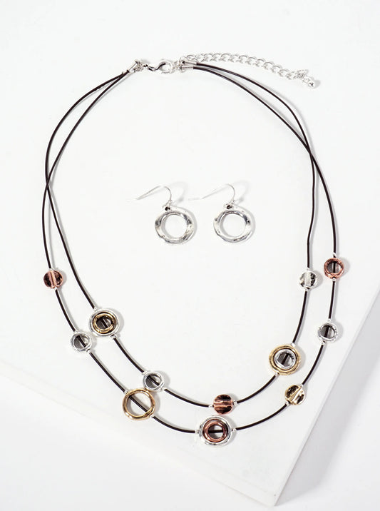 Multi-Tone Circle Hanging Artistic Layered Necklace Set-with-Earrings