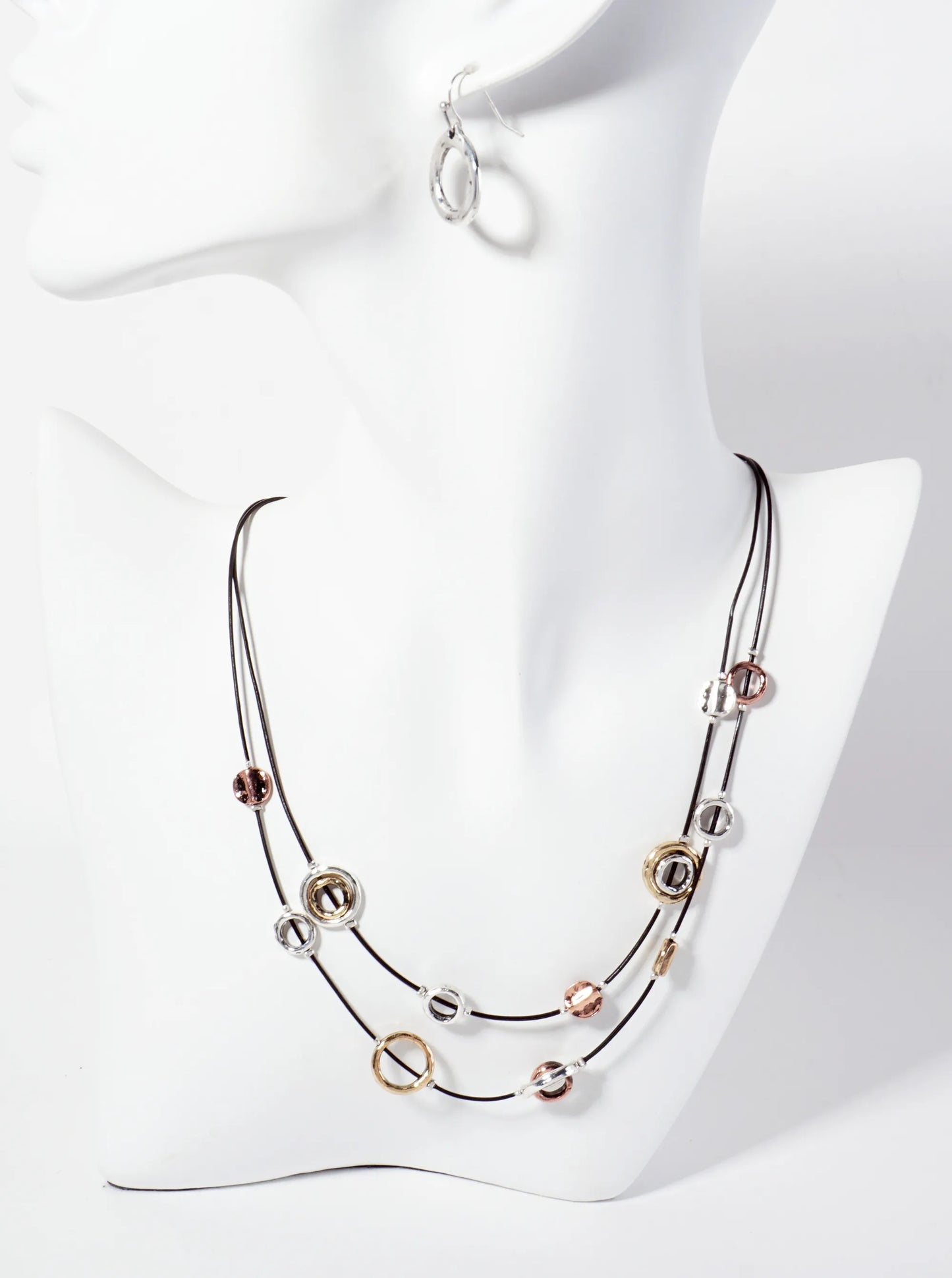 Multi-Tone Circle Hanging Artistic Layered Necklace Set-with-Earrings
