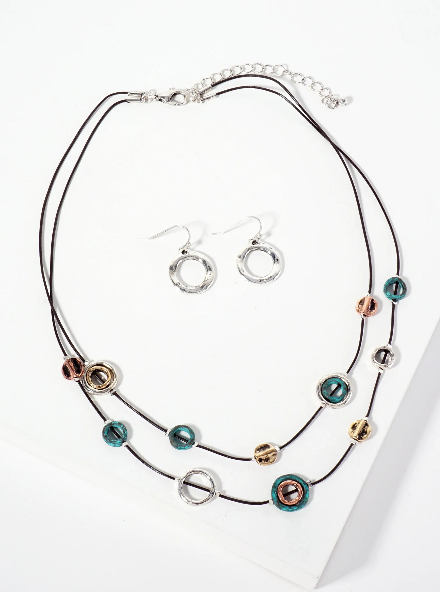 Multi-Tone Circle Hanging Artistic Layered Necklace Set-with-Earrings