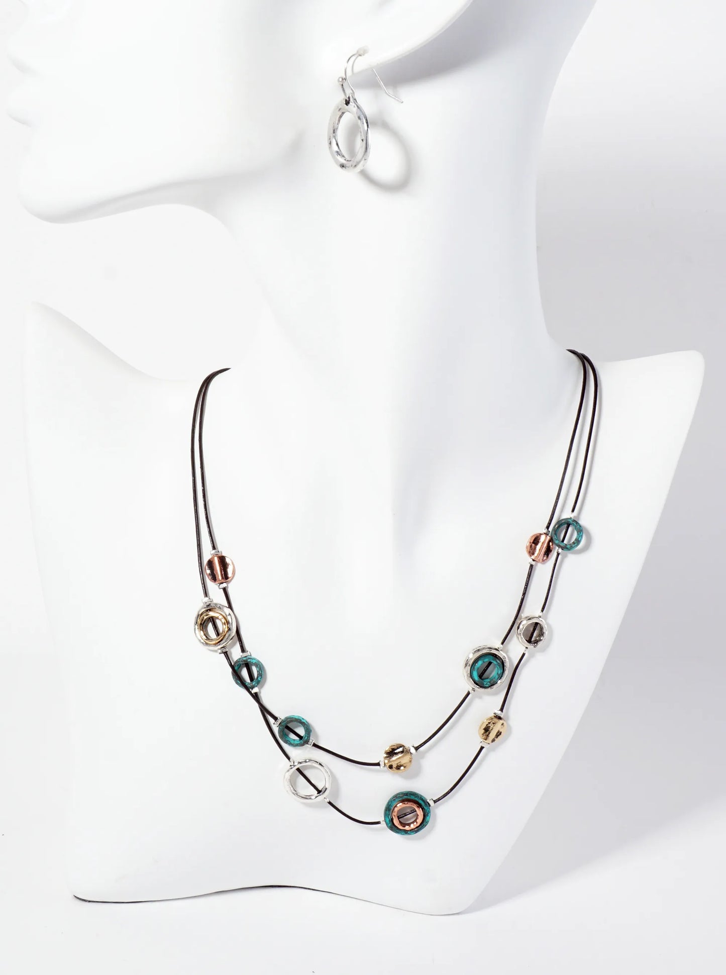 Multi-Tone Circle Hanging Artistic Layered Necklace Set-with-Earrings