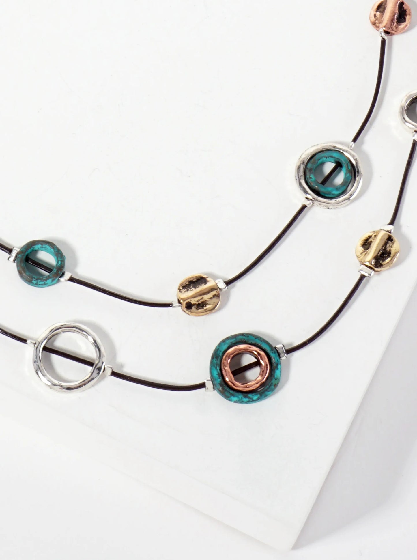 Multi-Tone Circle Hanging Artistic Layered Necklace Set-with-Earrings