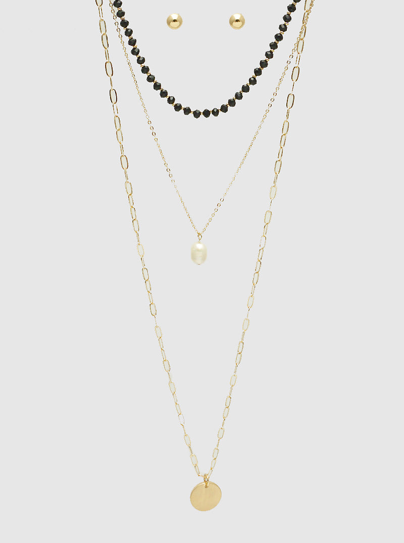 Multi Layered Pearl And Disc Pendant Glass Beaded Chain Long Layered Necklace Set With Earrings