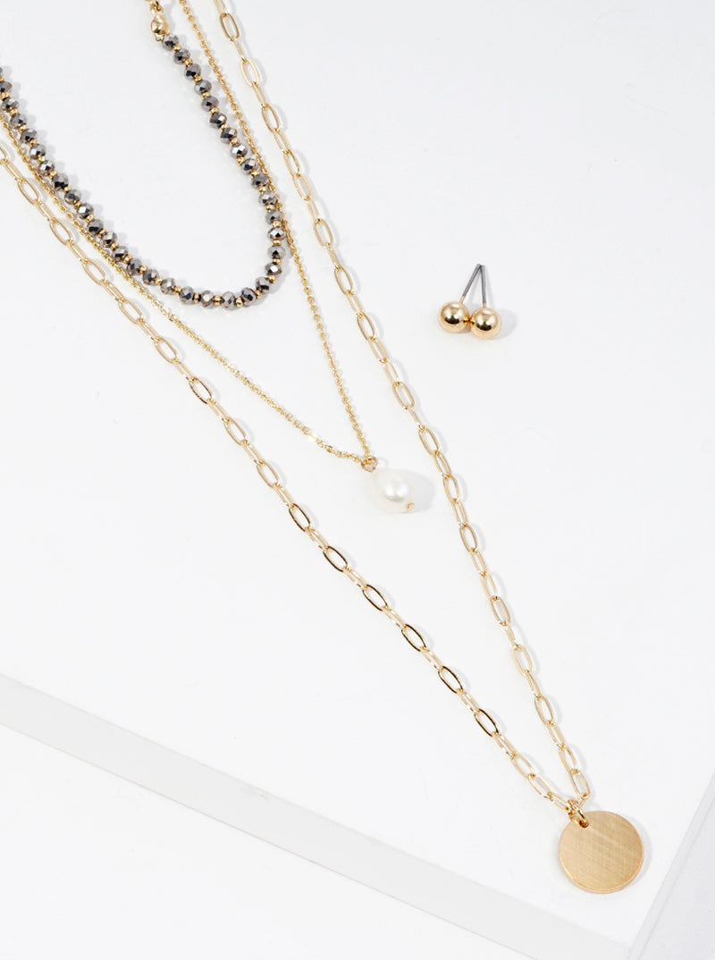 Multi Layered Pearl And Disc Pendant Glass Beaded Chain Long Layered Necklace Set With Earrings