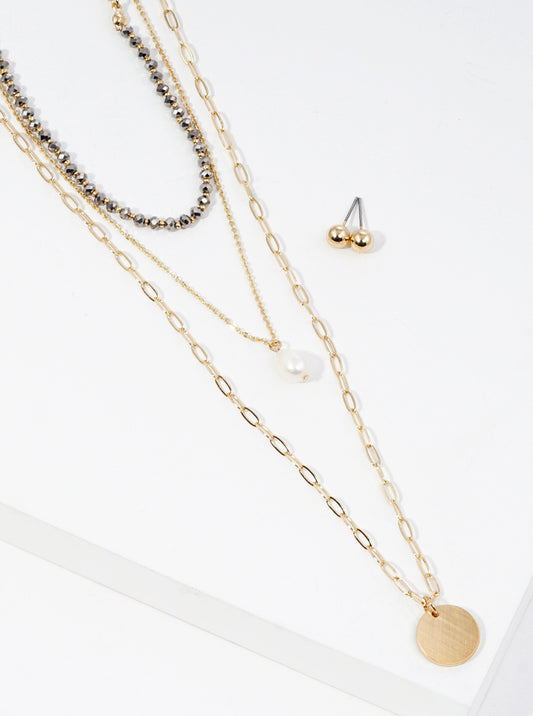 Multi Layered Pearl And Disc Pendant Glass Beaded Chain Long Layered Necklace Set With Earrings