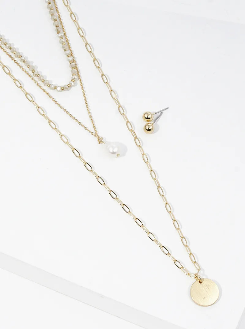 Multi Layered Pearl And Disc Pendant Glass Beaded Chain Long Layered Necklace Set With Earrings
