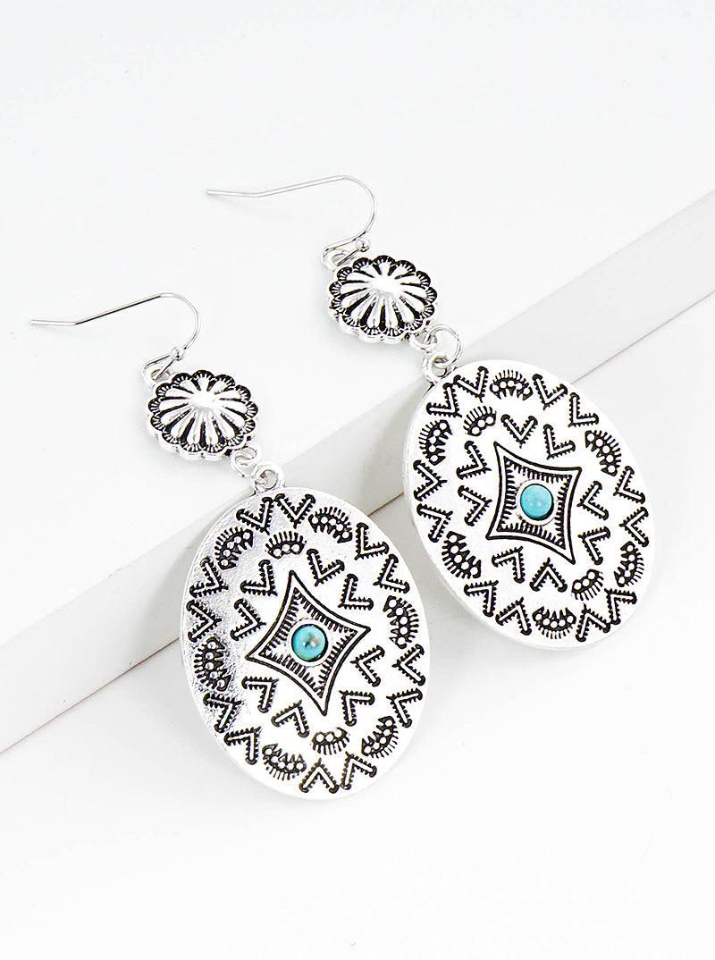 Multi Patterned Antique Silver With Turquoise Oval Western Dangle Drop Earrings