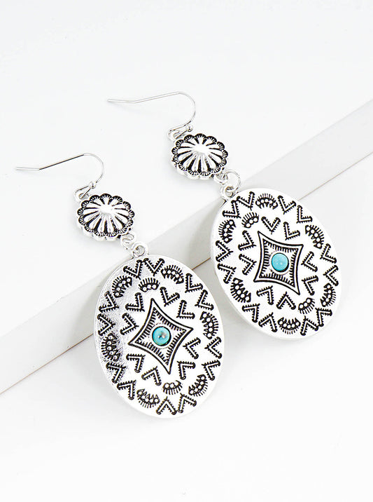 Multi Patterned Antique Silver With Turquoise Oval Western Dangle Drop Earrings