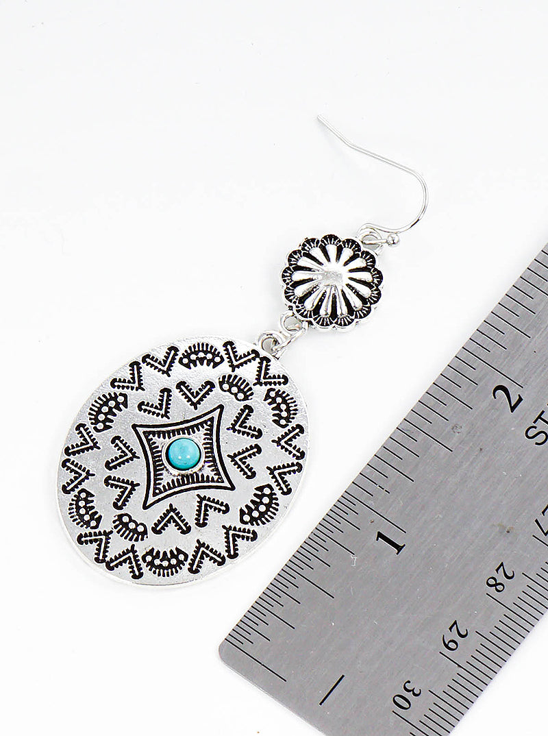 Multi Patterned Antique Silver With Turquoise Oval Western Dangle Drop Earrings