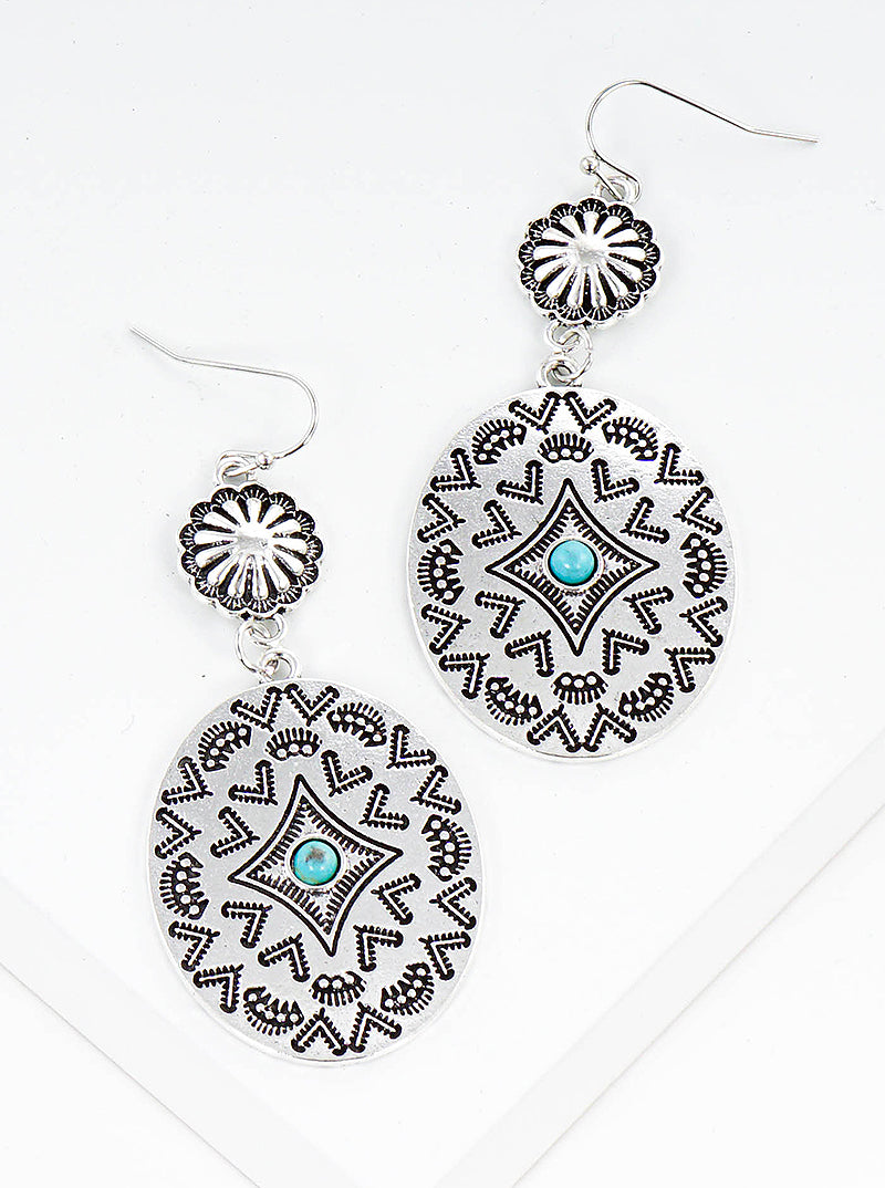 Multi Patterned Antique Silver With Turquoise Oval Western Dangle Drop Earrings
