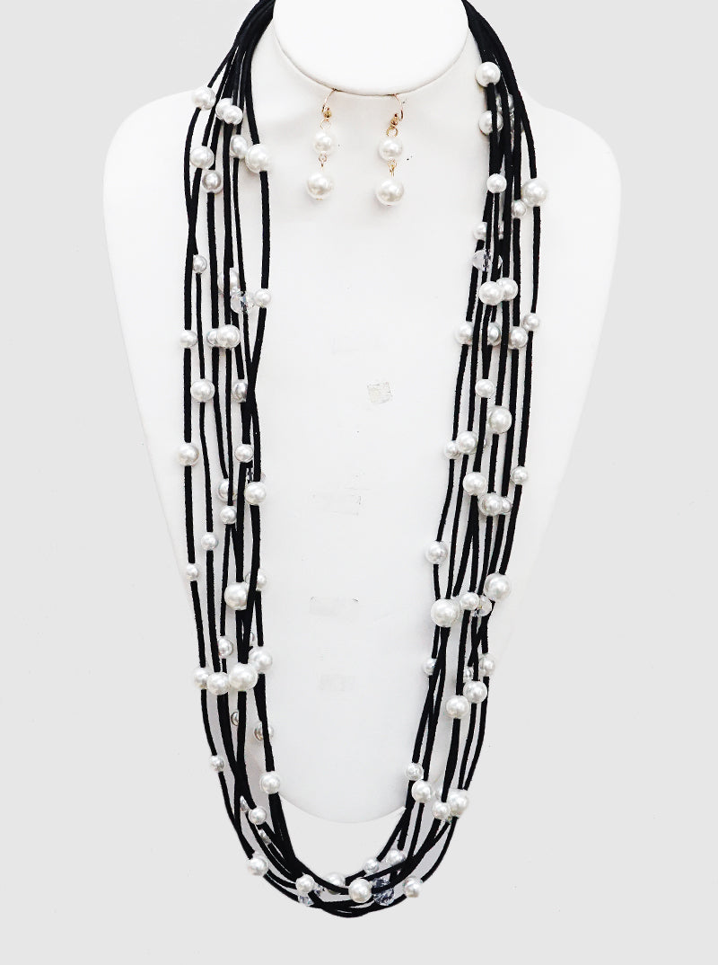 Multi-strand Pearl And Glass Beads Leatherette Long Layered Necklace Set With Earrings