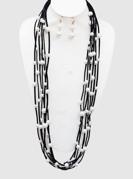 Multi-strand Pearl And Glass Beads Leatherette Long Layered Necklace Set With Earrings