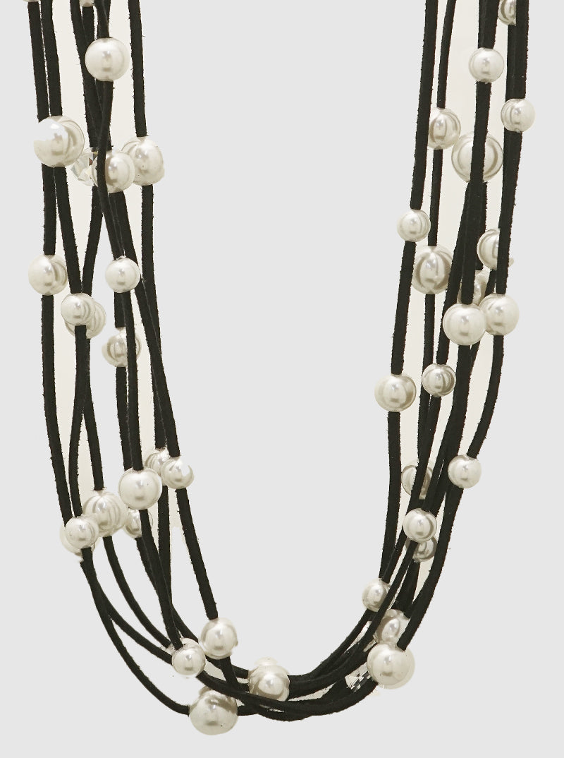 Multi-strand Pearl And Glass Beads Leatherette Long Layered Necklace Set With Earrings