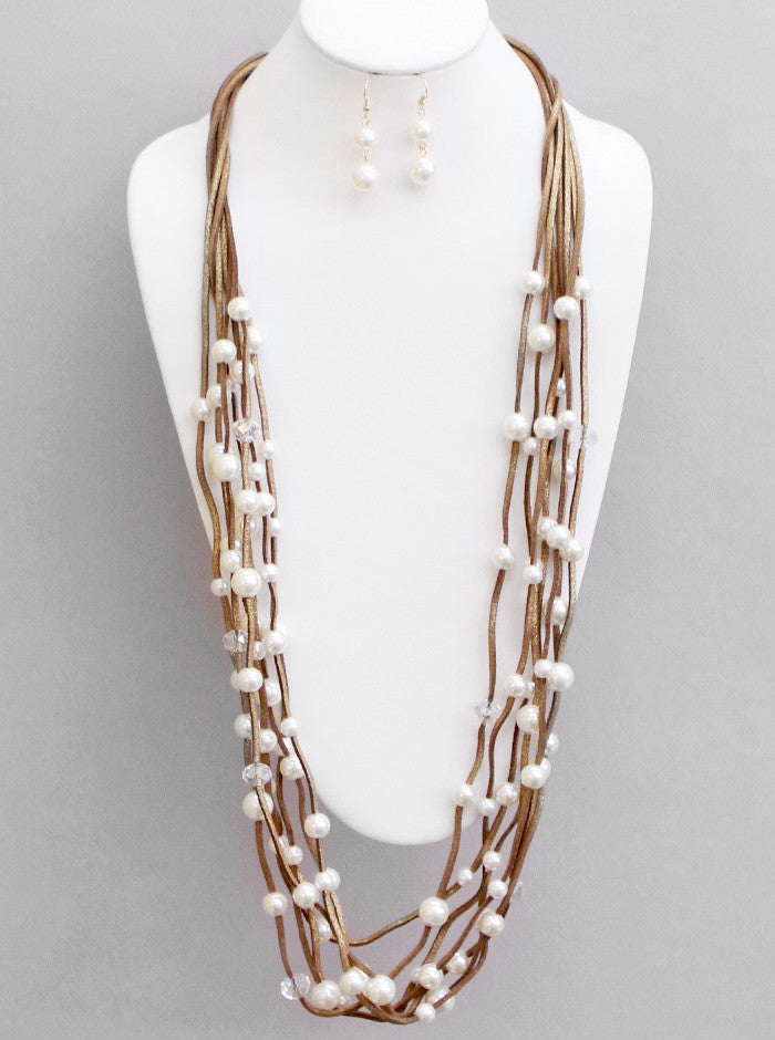 Multi-strand Pearl And Glass Beads Leatherette Long Layered Necklace Set With Earrings