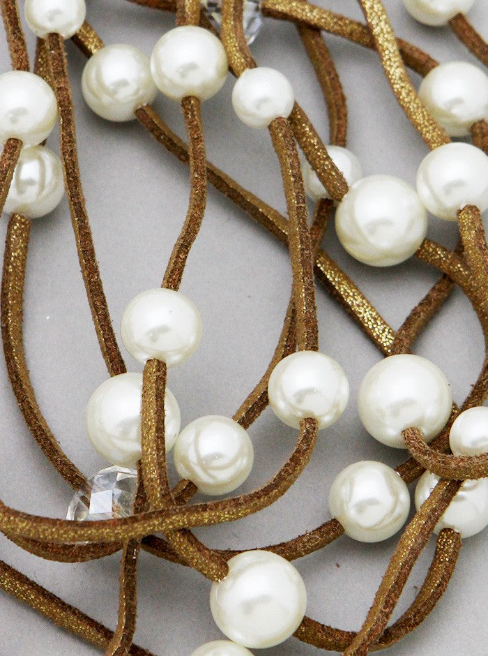 Multi-strand Pearl And Glass Beads Leatherette Long Layered Necklace Set With Earrings