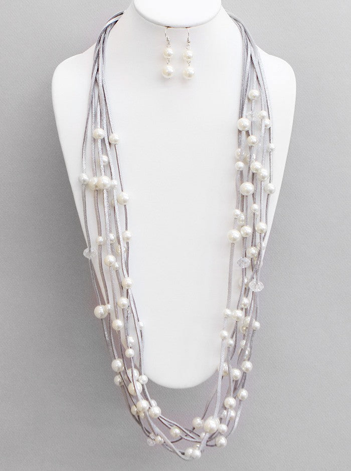 Multi-strand Pearl And Glass Beads Leatherette Long Layered Necklace Set With Earrings