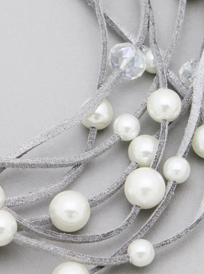 Multi-strand Pearl And Glass Beads Leatherette Long Layered Necklace Set With Earrings
